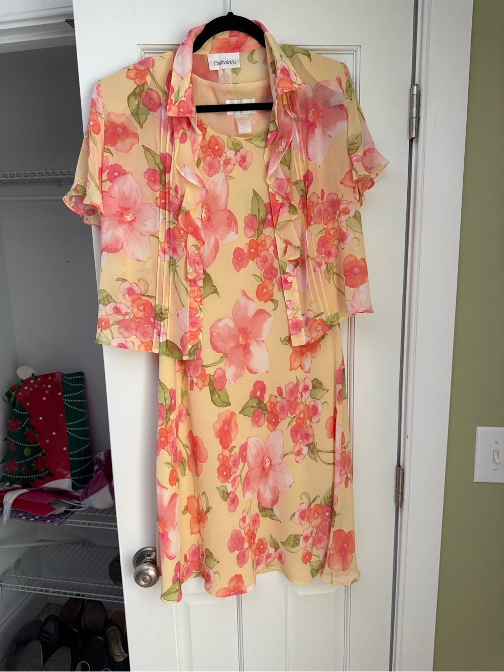 Chadwicks Yellow Floral Midi Dress with Sheer Pink Coral Jacket